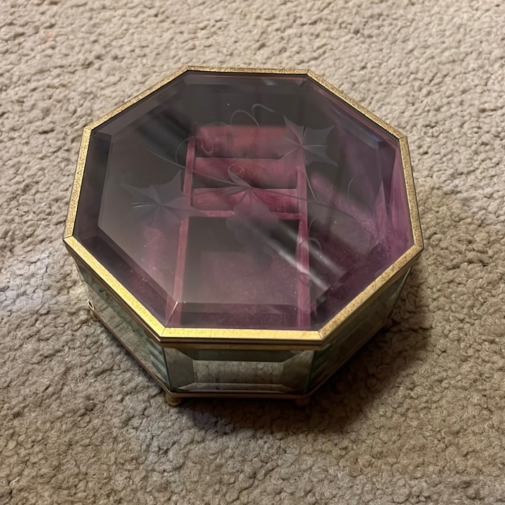 Brass, glass, and mirror Jewelry box with hinge lid